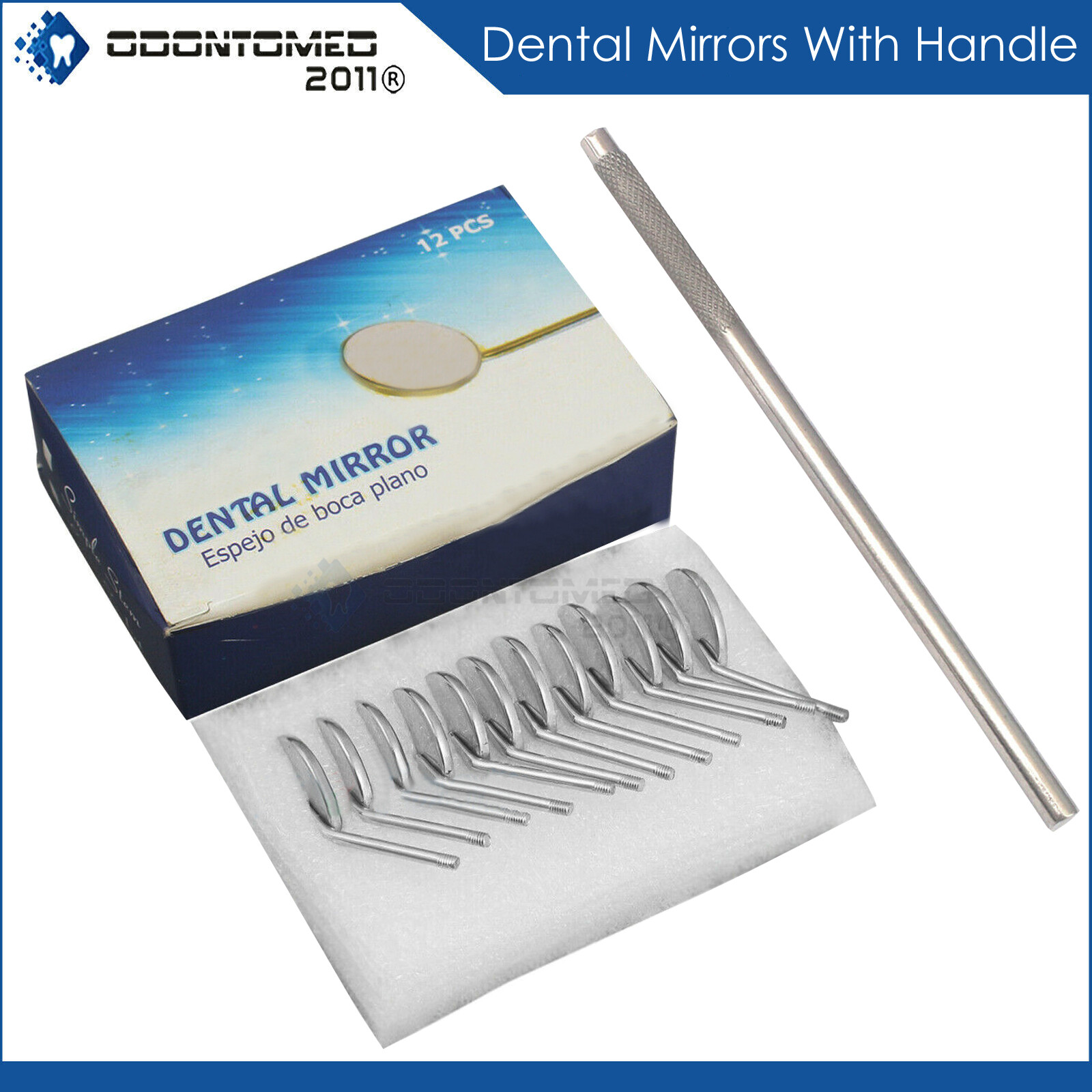 Dental Premium 12 x Mouth Mirror heads Simple Stem #4 Plain + Free Handle